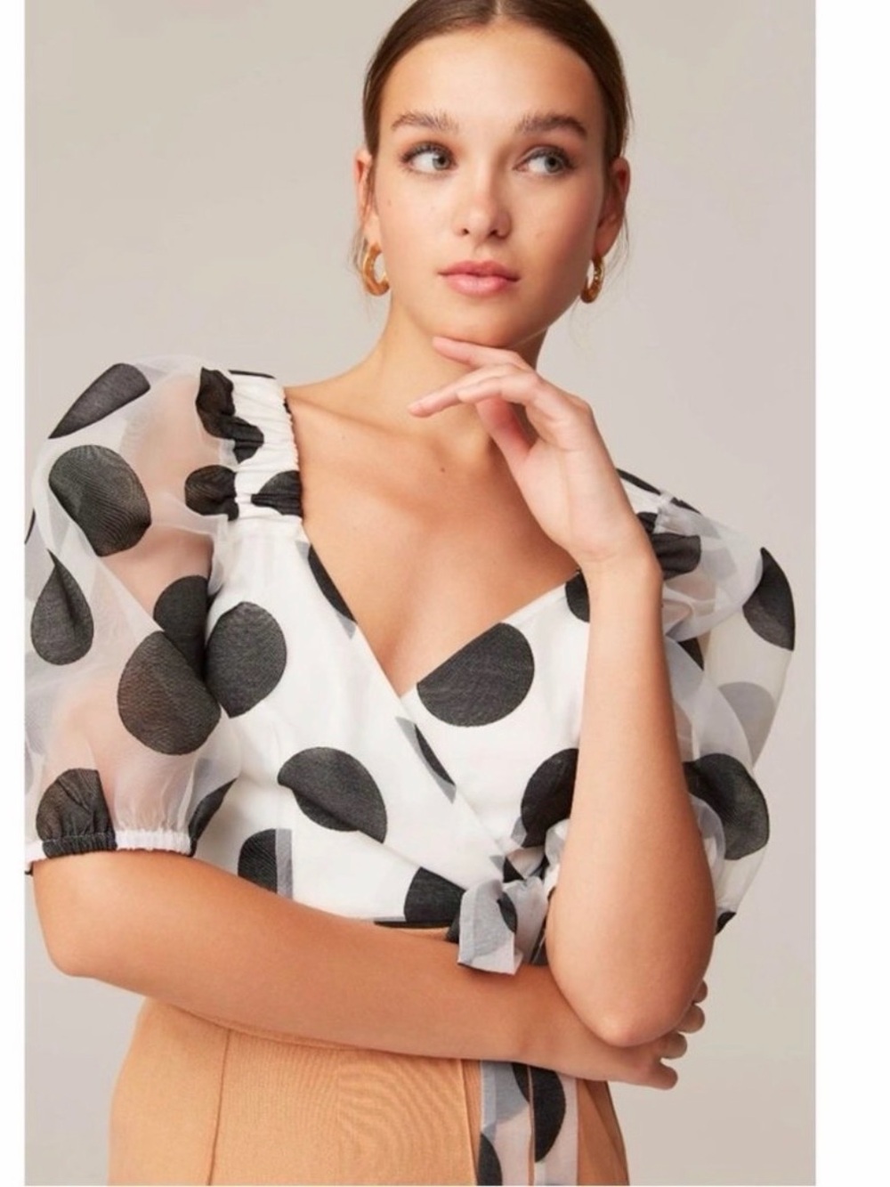$165 Keepsake the label Polka Dot Puff Sleeve Wrap Top - Black & Porcelain Sz. S